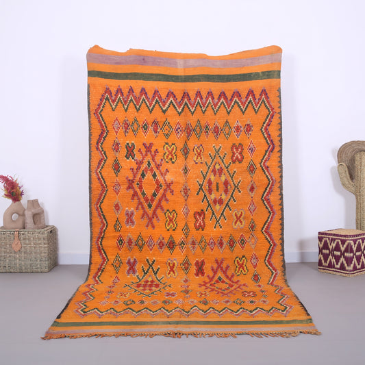 Oranger marokkanischer Vintage-Teppich 5,2 FT x 9,8 FT - marokkanischer Vintage-Teppich - handgemachter Azilal-Teppich - blasser Teppich - alter Boho-Teppich - alter Tribal-Teppich