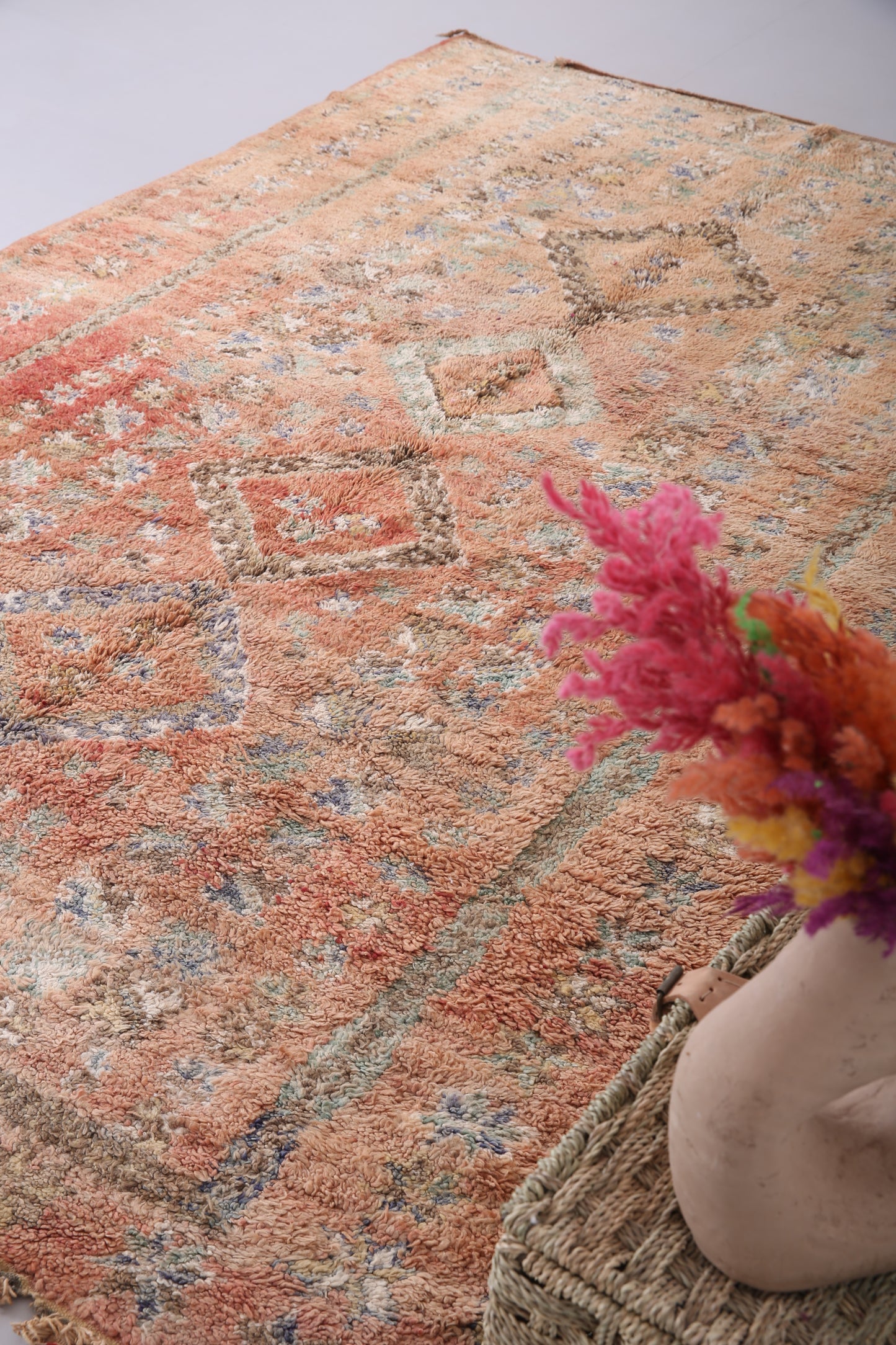 Pfirsichfarbener marokkanischer Boujaad-Teppich 6,1 x 9,3 Fuß - marokkanischer Vintage-Teppich - handgefertigter Teppich - Berberteppich - alter Boho-Teppich - Vintage-Tribal-Teppich