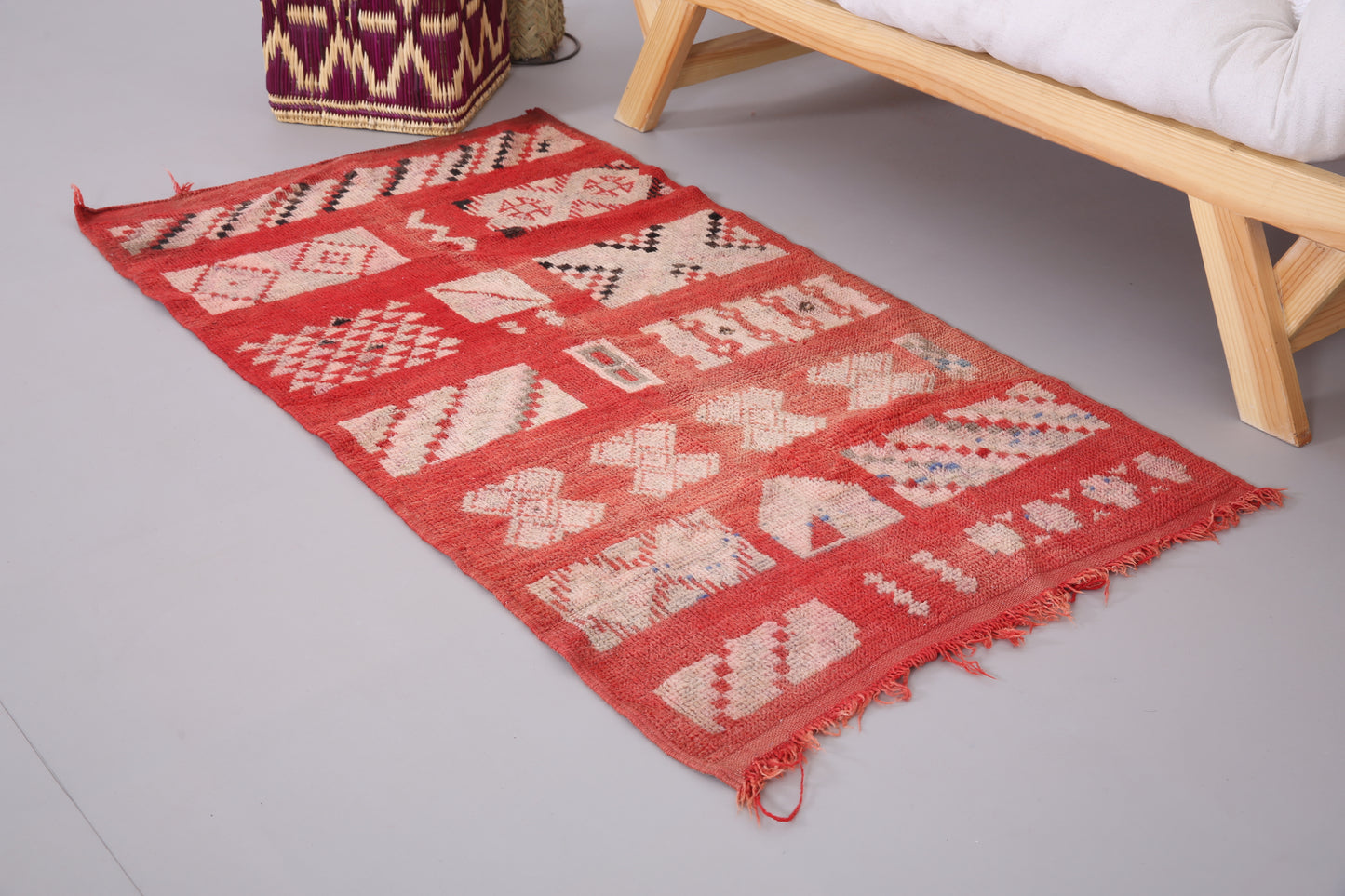 Kleiner marokkanischer Berberteppich 3,3 x 6,5 Fuß - roter Berberteppich - kleiner marokkanischer Teppich - handgefertigter Berberteppich - Vintage marokkanischer Boho-Teppich