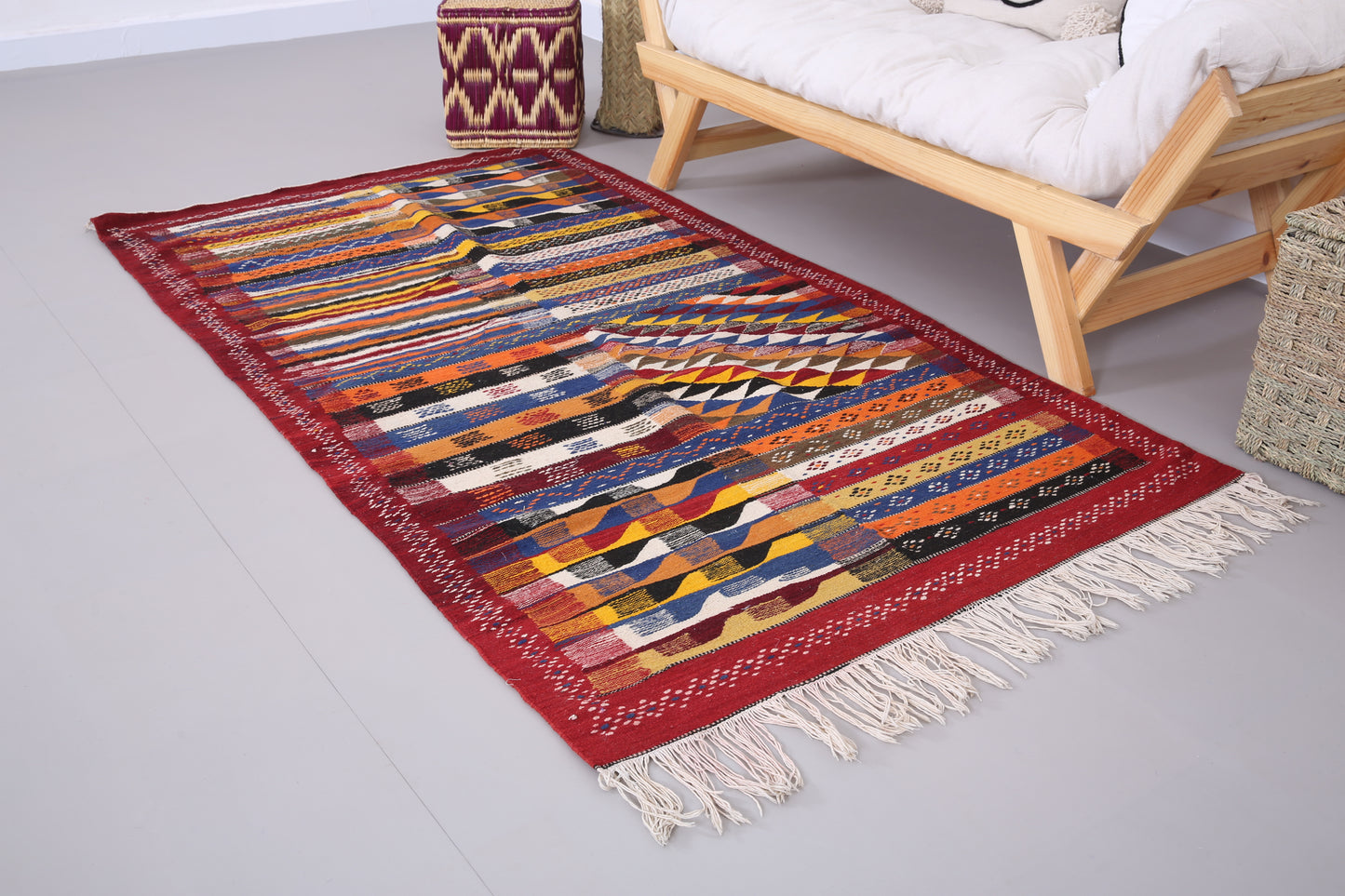 Handgewebter Picasso Kelim Teppich 3,7 FT x 6,5 FT - kleiner Berberteppich - kleiner marokkanischer Teppich - handgemachter Berberteppich - Vintage marokkanischer Boho Teppich