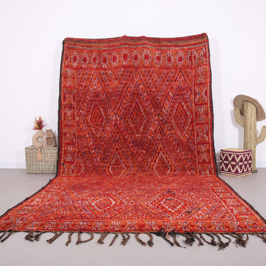 Roter handgemachter Beni Mguild Teppich 7 FT x 12 FT - Vintage handgemachter Teppich - Großer marokkanischer Teppich - Berberteppich - handgefertigter Stammesteppich - Boho Teppich