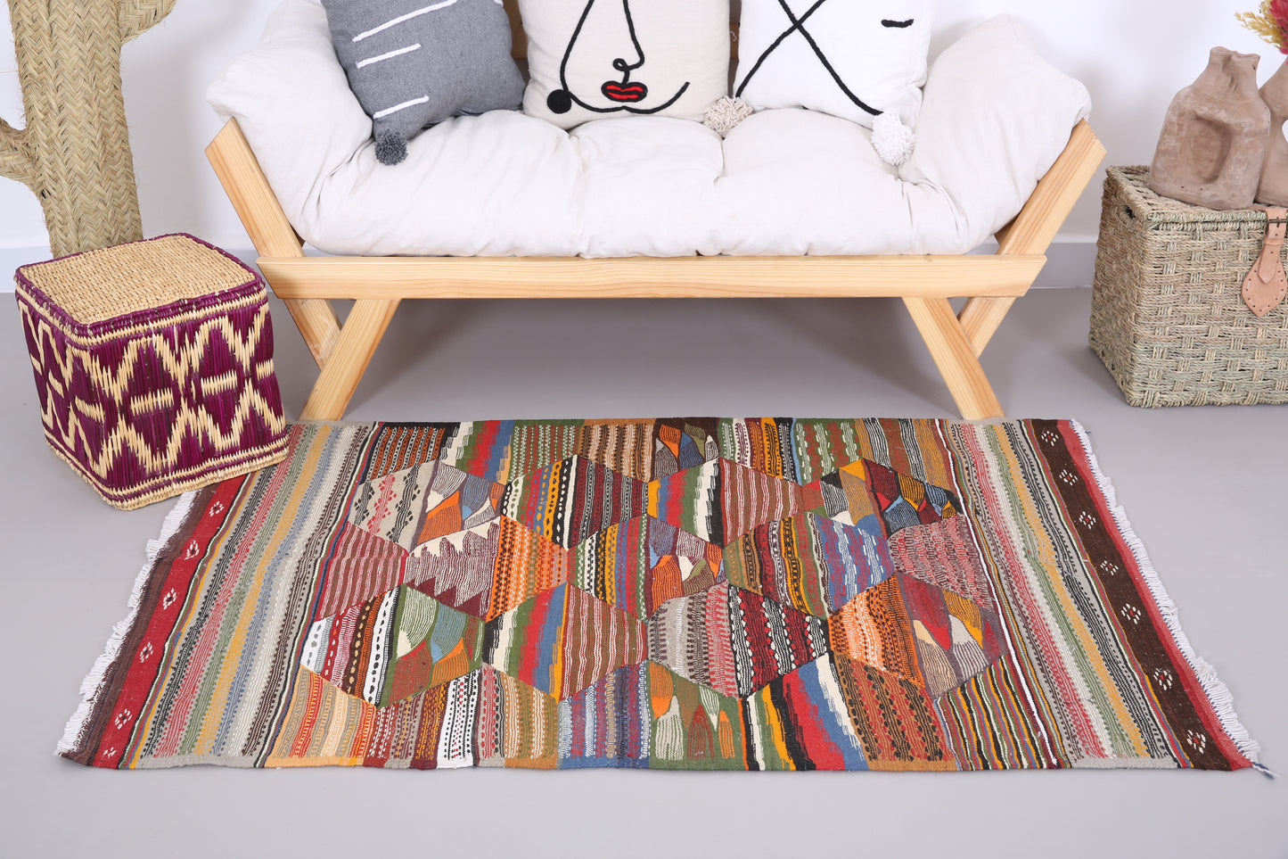 Handgewebter Picasso Kelim Teppich 3,5 FT x 5 FT - kleiner Berberteppich - kleiner marokkanischer Teppich - handgemachter Berberteppich - Vintage marokkanischer Boho Teppich