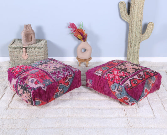 Set of 2 vintage moroccan purple poufs 23.6'' x 23.6'' x 7.8''