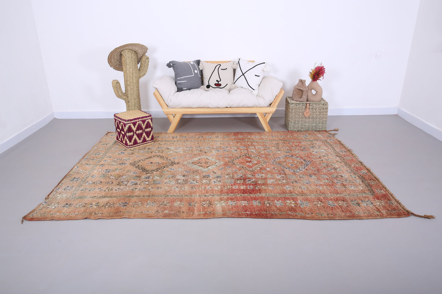 Pfirsichfarbener marokkanischer Boujaad-Teppich 6,1 x 9,3 Fuß - marokkanischer Vintage-Teppich - handgefertigter Teppich - Berberteppich - alter Boho-Teppich - Vintage-Tribal-Teppich