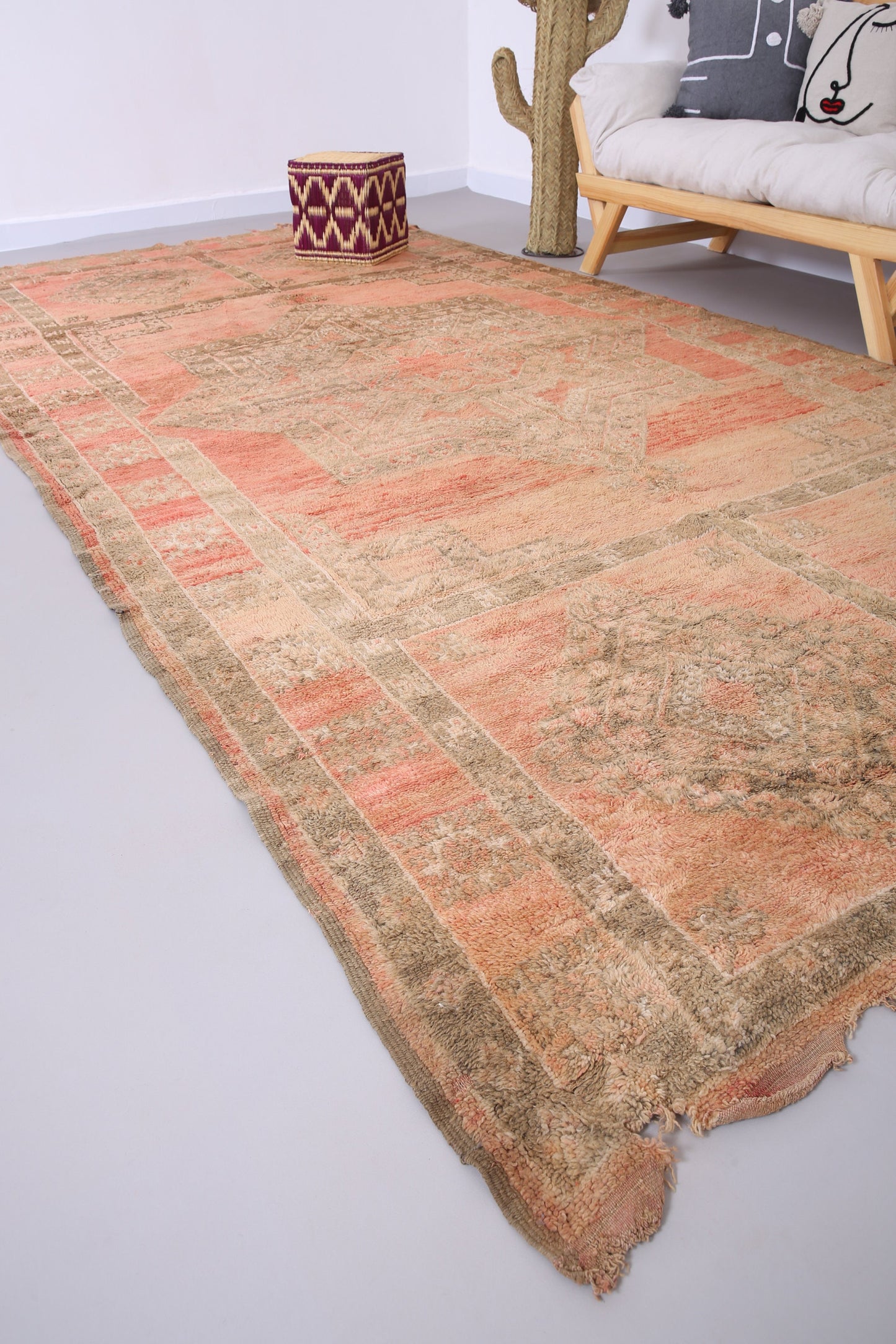 Pfirsichfarbener marokkanischer Boujaad-Teppich 6,7 x 13 Fuß - marokkanischer Vintage-Teppich - handgemachter Teppich - großer Berberteppich - alter Boho-Teppich - Vintage-Tribal-Teppich
