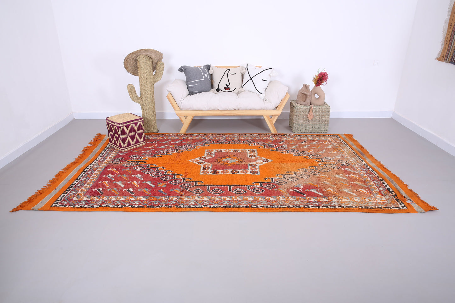 Vintage marokkanischer Teppich 5,8 FT x 10,2 FT - Vintage marokkanischer Teppich - handgemachter Wollteppich - 80er Jahre Teppich - alter Boho Teppich - oranger und roter Tribal Teppich