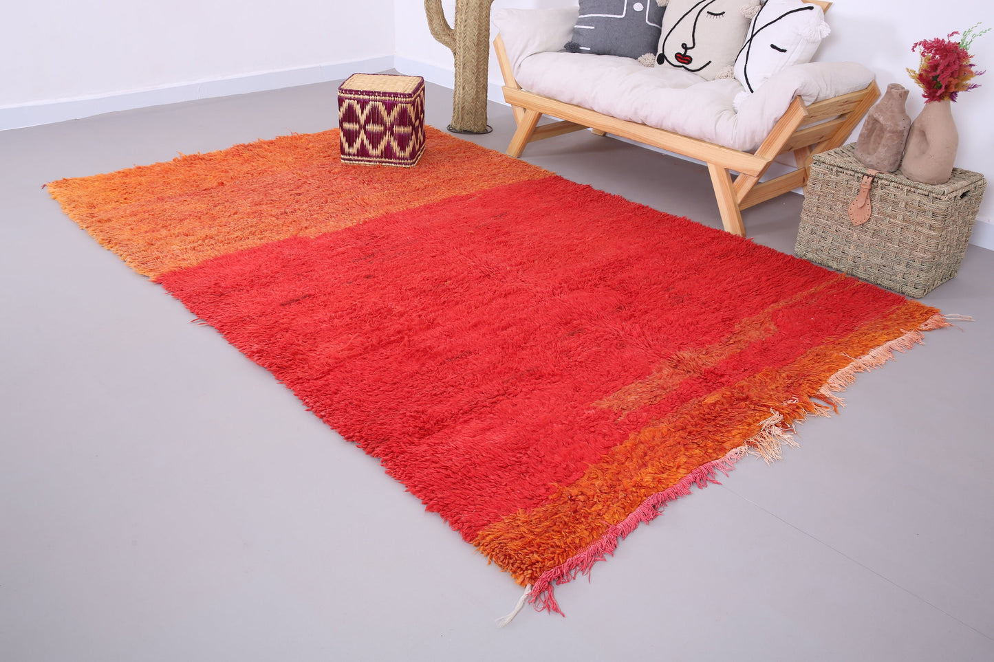 Roter und pfirsichfarbener marokkanischer Teppich 5,8 FT x 9,2 FT - marokkanischer Zottelteppich - Vintage-Tribal-Teppich - handgemachter Berberteppich - einzigartiger Vintage-Teppich - Boho-Teppich