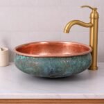 Handmade Moroccan Oxidized Brass Sink , Green Patina Vessel Sink , Copper Interior Basin , Rustic Bathroom Vanity Bowl , Moroccan Sink
